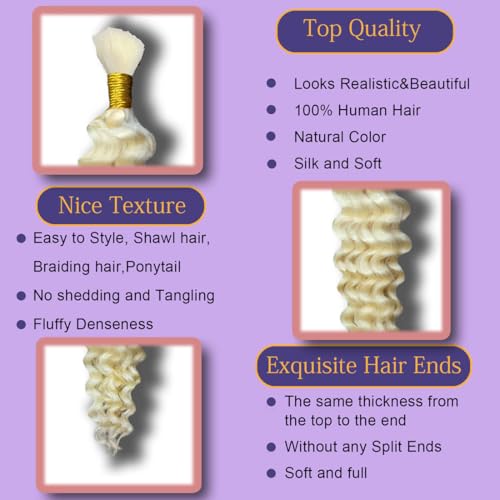 Eileen 613 Blonde human braiding hair 22 Inch 150g 3 Bundles Deep Wave Bulk Human Hair for Braiding Curly Human Hair for Boho Braids Water Wet and Wavy