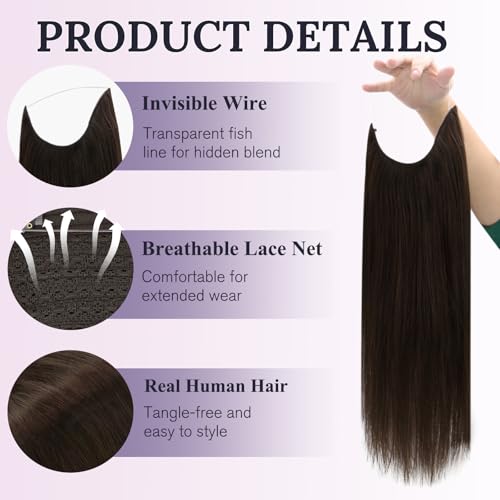 Fshine Invisible Wire Hair Extensions Real Human Hair 20 In Dark Brown Layered Hairpiece Wire Hidden Human Hair with Adjustable Fish Line 80 G Clip ins Straight Hair