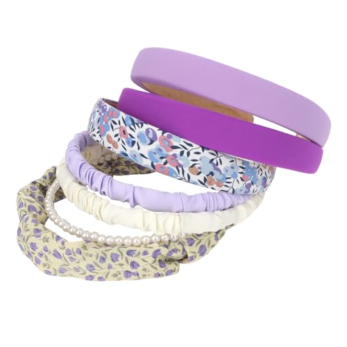 YISSION 7PCS Cute Headbands Set for Girls Women, Non Slip Pearl Headband Floral Head Bands Padded Hairbands, Purple White Headband, Hair Accessories for Girls Women