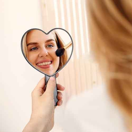 Heart-Shaped Handheld Mirror with Handle, Portable Travel Makeup Hand Mirror Decorative Mini Heart Cosmetic Lash Mirror for Women Girls (Black)