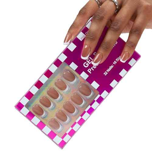 32 PCS Short Square Nude Brown Press on Nails- French Tip Gel Nail Fake Nails, 16 Sizes Glue On Nails Kit, Reusable False Nails with Mini Nail File for Women - Nude Brown Short Square