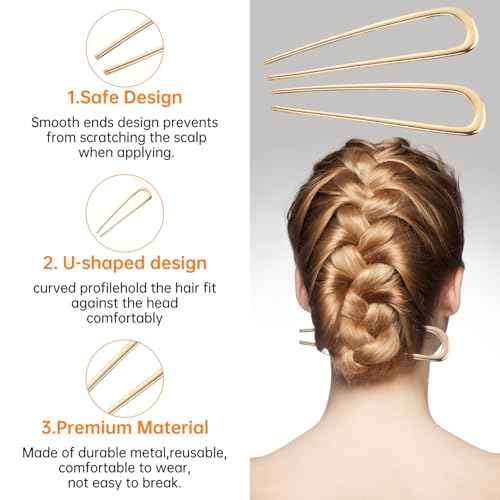 BEoffer French Hair Pin 3PCS Metal Hair Pins for Women Elegant French Twists, Buns and Updos with No Hair Damage, U-shaped French Pin Great Hold and Comfortable Keeps Hair in Place (Gold Black Silver)