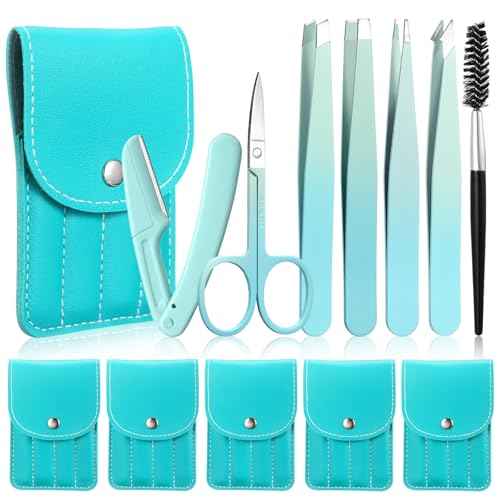 Lasnten 6 Sets Eyebrow Tweezers Set for Women Facial Hair Eyebrow grooming Kit with Travel Case with Curved Scissor and Trimmer Stainless Steel Tweezers Set Gift for Women