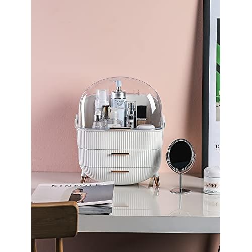 Makeup Storage Organizer for countertop£¬Cosmetics Display Case with 2-Layer Storage Box and Transparent Cover, Keep Bedroom Vanity Organizer Clea, Milky white