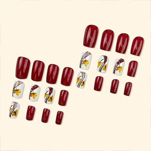 RTKHFZE Maple Leaf Press on Nails Medium Fake Nails Square Glue on Nails Glitter U?As Postizas Medium Nails Press ons Red Full Cover Acrylic Nails 24 Pcs
