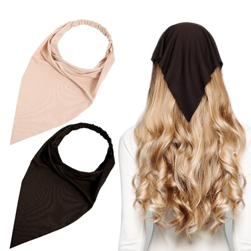2PCS Head Kerchief for Women,Elastic Triangle Head Scarf, Headbands Bandana Portable Solid Color Bohemian Style, Suitable for Men and Women Travel Parties, Brown, Khaki