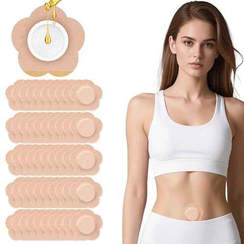 50 PCS Castor Oil Patches, Castor Oil Belly Button Patch, Disposable Organic Cotton Self-Adhesive Pads, Anti Leakage Design, Breathable & Portable, No Wash (Flowers, Beige)