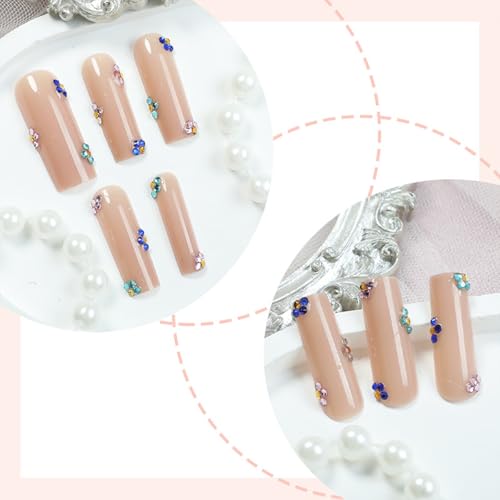 SINHOT Square Press on Nails Long - Colorful Rhinestones Flowers Fake Nails Glossy Glue on Nails Nude Natural Acrylic Nail Squoval Artificial Nail Stick on False Nail with Design 24pcs