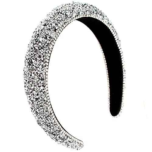 Rhinestone Headband Women Fashion Handmade Silver Headband Padded Glitter Crystal Diamond Bling Headbands Hair Hoops Beaded Jeweled Hairband Sparkle Hair Accessories