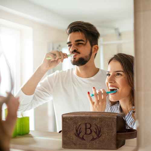Personalized Toiletry Bag for Men Engraved Initial Cool Gifts for Dad Husband Boyfriend Grandpa Son PU Leather Waterproof Shaving Bag for Toiletries Accessories Travel Essentials (A)
