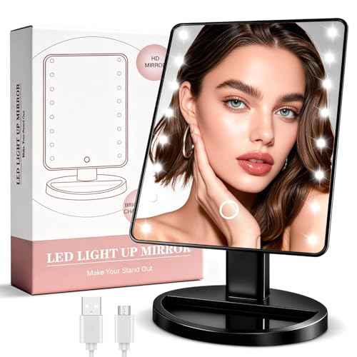 KOOKIN Lighted Vanity Makeup Mirror Led Lights 180 Degree Rotation Lighted Mirror Touch Screen Adjusted Brightness Desk Mirrors USB Dual Supply Bathroom Beauty Cosmetic Mirrors (Black)