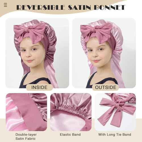 Kids Long Hair Bonnet for Sleeping - Double Layer Girls Elastic Satin Bonnet with Tie Band for Braid Curly Hair (Rose Gold+Pink)