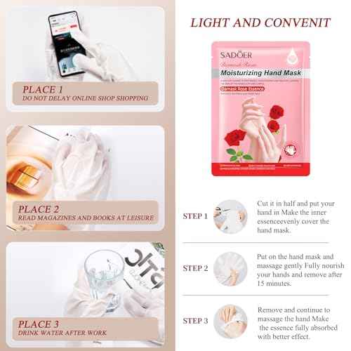 5 Pairs Hands Moisturizing Gloves, Damask Rose Hand Mask, Hand Skin Repair Renew Mask Infused Collagen, Vitamins Natural Plant Extracts for Dry, Aging, Cracked Hands