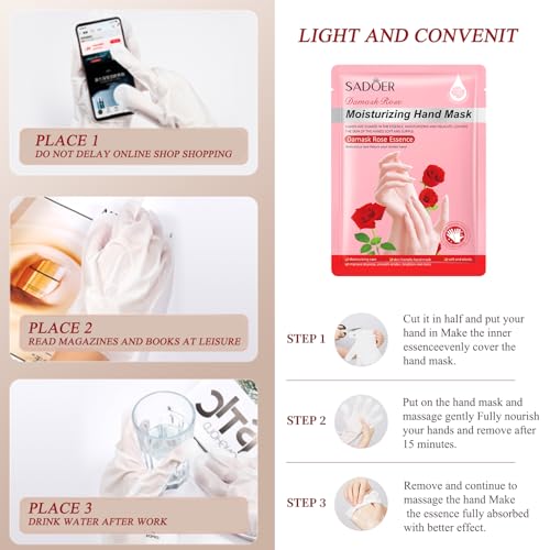 5 Pairs Hands Moisturizing Gloves, Damask Rose Hand Mask, Hand Skin Repair Renew Mask Infused Collagen, Vitamins Natural Plant Extracts for Dry, Aging, Cracked Hands