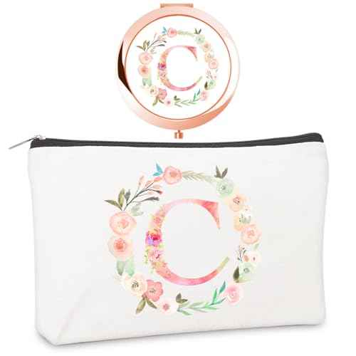 Personalized Gift Initial Compact Mirror w Makeup Bag for Women Sister Daughter Mom Wife, Floral Monogram Alphabet Small Mirror Ideal Gift on Birthday, Christmas, Graduation (C + Bag, ROSE GOLD)