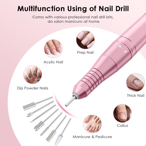 Professional Electric Nail Drill File, HUGMAPLE 45000RPM Portable E-File Machine with Bits & Base, Rechargeable Cordless Nail Drill Kit for Shaping, Removing & Polishing Gel Nails for Salon Home