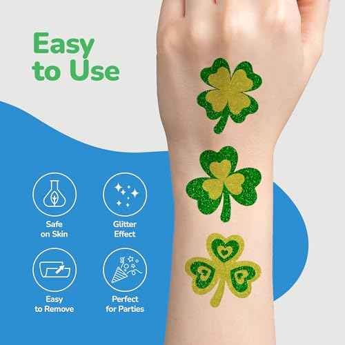 ArtCreativity St Patrick¡¯s Day Tattoos with Glitter - Set of 50 - Individual Temporary Shamrock Tattoos in 5 Designs - St. Patrick¡¯s Day Party Favors - St Patty¡¯s Accessories