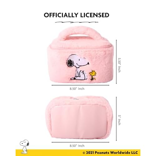 Peanuts Snoopy Pink Make Up Bag Official License, Plush Woodstock and Snoopy Cosmetic Bag with Zip Closure, Cute Makeup Bag