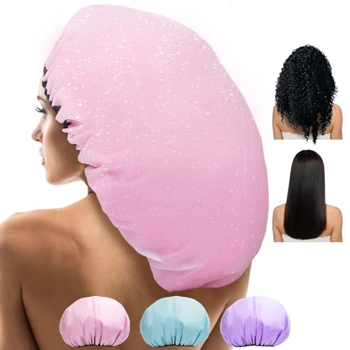 3 Pcs Super Jumbo Satin Lined Shower Cap for Women, Extra Large, Adjustable for Braids, Long Hair & Locs Dreadlocks