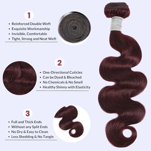 99j Dark Burgundy Body Wave Bundles Human Hair 26 Inch, 12A Soft And Shiny Red Wine Colored Bundles 100% Brazilian Virgin Remy Hair Sew In Weave Single Human Hair Bundle Chic #99j Color