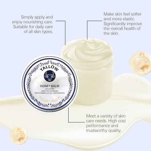 Grass Fed Honey & Tallow Balm -Beef Tallow Beeswax and Honey Moisturizer, Organic Beef Tallow Moisturizer for Face & Body Lotion Skin Care for Sensitive Skin