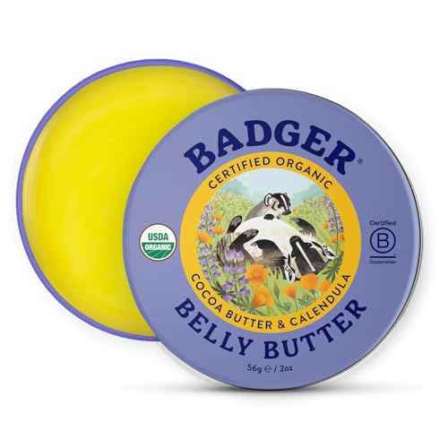 Badger Belly Butter, Organic Stretch Mark Cream for Pregnant Belly, Rich Hypoallergenic Moisturizing Organic Cocoa Butter & Coconut Body Butter for Women, 2 oz Tin