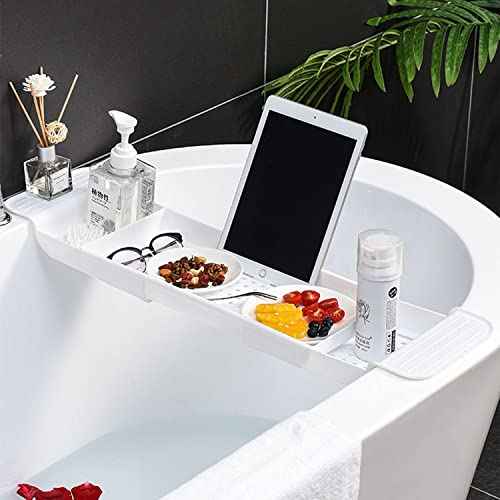 Expandable Drain Bath Shelf Caddy Tray, Multifunctional Plastic Bathtub Tray Bathroom Organizer Simple Stylish Bathtub Storage Rack for Candle Towel, Book, Wine, Phone, Shower