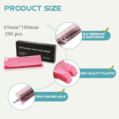 WZPB Large Tattoo Pen Machine Covers with Grip Tapes - 200Pcs 2.56 * 7.08 inch Pink Tattoo Machine Bags and 4Pcs Grip Wrap Tattoo Pen Bags Disposable Self-adhesive Bandage