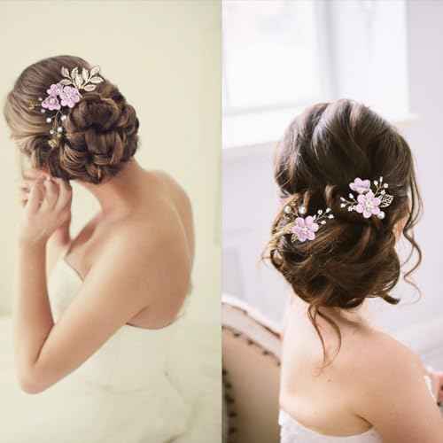 BOYIVI Hair Comb, 4 Pieces Vintage Wedding Flower Pearl Rhinestone Hair Pins Bridal Hair Accessories, Purple, for Brides Bridesmaids Women and Girls