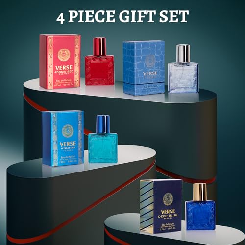 NovoGlow Verse Mini 4-Piece Fragrance Gift Set for Men - Aromatic, Floral, Oriental & Woody Notes - Individually Boxed - Travel Size - 25ml Eau De Parfum