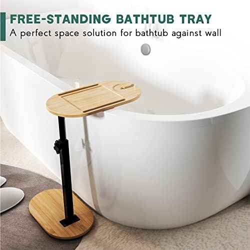 Bamboo Bathtub Tray Table with Adjustable Height, Freestanding Bath Caddy Tray for Tub Against Wall, Bathtub Side Table for Luxury Bath Home Spa Homewarming - Patent Protected (Natural)
