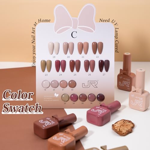 JR 9 Colors 0.5oz Brown Gel Nail Polish Set Bow Bottle Fall Design Nude Gel Polish Kit UV LED Soak Off Polish Home DIY Gift Fall Gel Polish Series