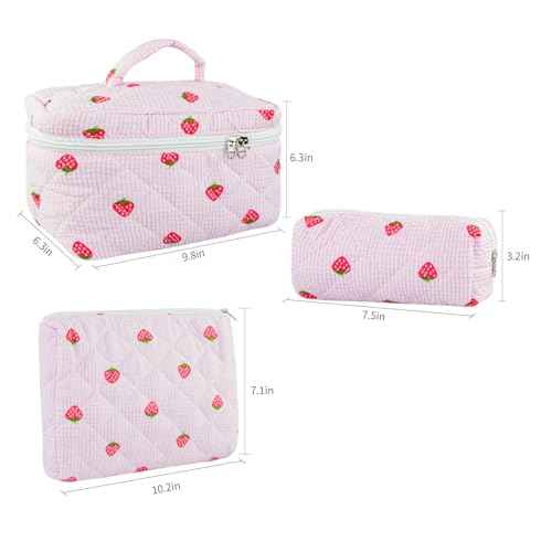 3PCS Makeup Bag Set, Quilted Cosmetic Bag, Large Travel Aesthetic Make up Bag, Cute Coquette Toiletry Bag for Women Girls