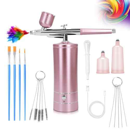 Airbrush Kit Air Brush Kit With Airbrush Compressor Nail Charms Wireless Air Brush for Barber, Nail Art, Cake Decor, Makeup, Model Painting (Pink)