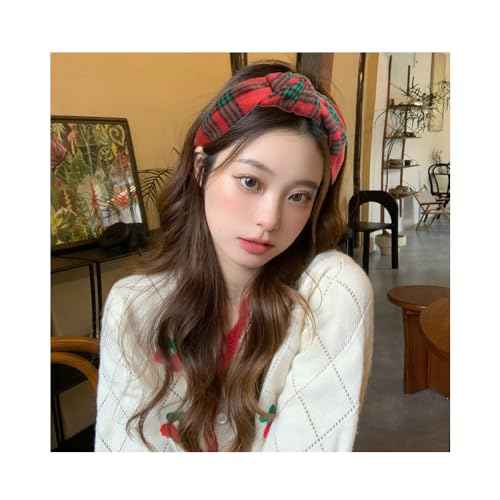 2pcs Christmas Headband Women Plaid Headbands Cloth Knotted Wide Head Band for Women Girls Christmas Hair Accessories Gift, Red and Green Color (Plaid Headband Style 1)