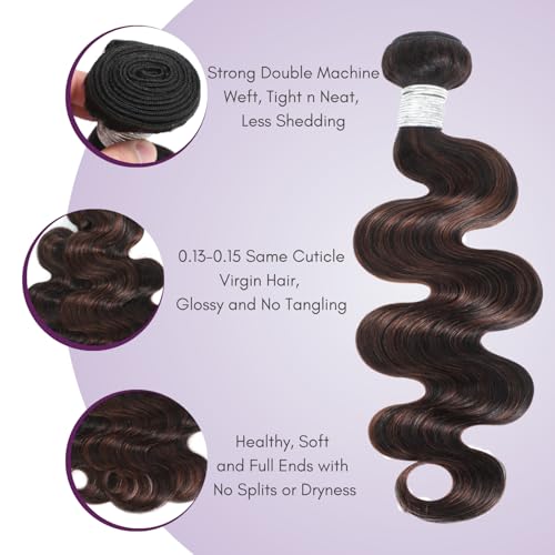 Brown Highlight Body Wave 3 Bundles Human Hair 10 12 14 Inch, 12A 2-Tone #F2/4 Dark Brown with Chestnut Streaks Ombre Human Hair Bundles 100% Virgin Real Hair Wavy Weave Thick Track Sew in Remy