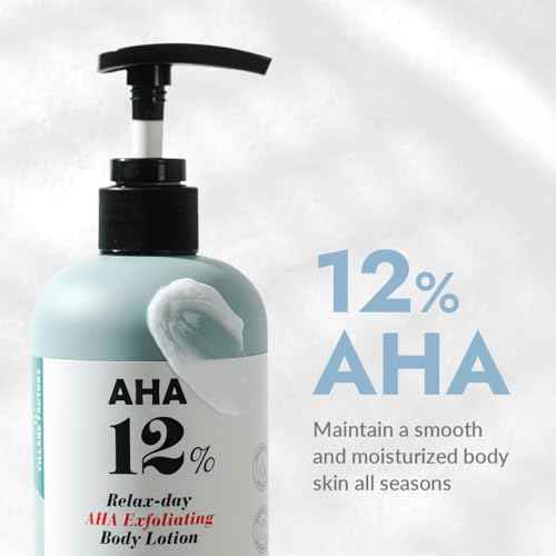 V11FACTORY AHA 12% Glycolic Acid Body Lotion ? Korean Exfoliating & Hydrating Body Cream with Hyaluronic Acid & Collagen ? Unscented, Paraben-Free Skin Smoothing Moisturizer, 10.6 oz