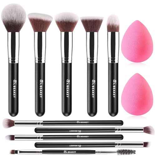 BEAKEY Makeup Brushes Set, Professional Foundation Eyeshadow Concealer Blush Powder Bronzer Applicator, 2 Blender Sponge with Beauty Paper Case stocking stuffers