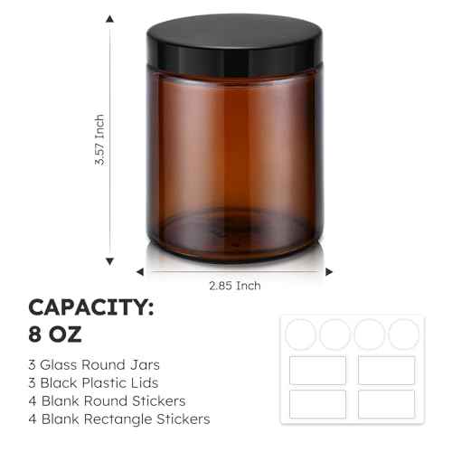 8oz Amber Glass Jars with Lids, 3 Pack Candle Jars with Blank Labels, 250g Wide Mouth | Lotion Container for Sample, Cream, Lotion, Honey, Powder, Jelly | Home & Beauty