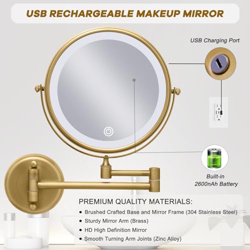 Wall Mounted Lighted 8 Inches Rechargeable Double-Sided 1X/10X Magnifying Mirror for Makeup, 3 Colors Led, Touch Dimmable, Memory Function, 360 Rotation, Foldable, Brushed Antique Brass