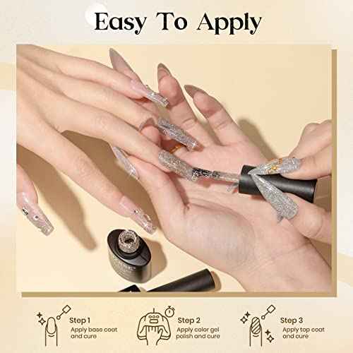 MIZHSE Reflective Gel Nail Polish, Glitter Silver and Gold Gel Polish 2 Colors, Sparkle Shiny Diamond Nail Gel Manicure Set Nail Art at Home Salon 10ML