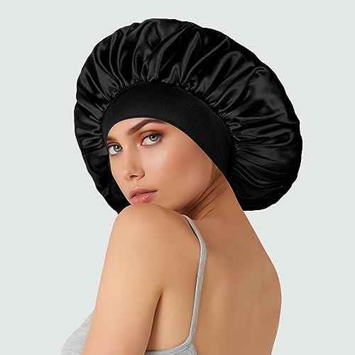 Extra Large Satin Bonnet Hair Cap, 17inches Silk Bonnet for Sleeping, Jumbo Silk Sleep Cap for Women Braids Curly Hair Locs 1Pcs (Black)