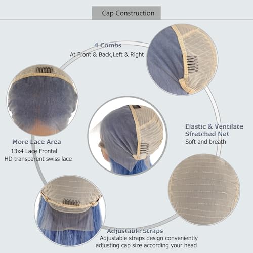 Light Blue Wigs 100% Brazilian Virgin Human Hair,Shiny and Bouncy 10A Grade Bob Wigs,13x4 HD Transparent Straight Lace Front Human Hair Wig 180% Density,Small Knots Easy to Bleach(16Inch,Light Blue)