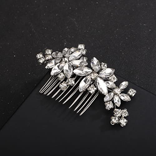 Hair Comb, Clear Flower Crystal Rhinestone Teardrop Hair Clip, Silver, 10*5CM, for Bride Bridesmaid Prom Hair Pieces, Women and Girls