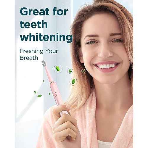Rtauys M5 Sonic Electric Toothbrush for Adults and Kids - Rechargeable Electric Toothbrush Kids Ages 12+ and Adults with 8 Brush Heads & Travel Case, 120 Days Battery Life - Pink