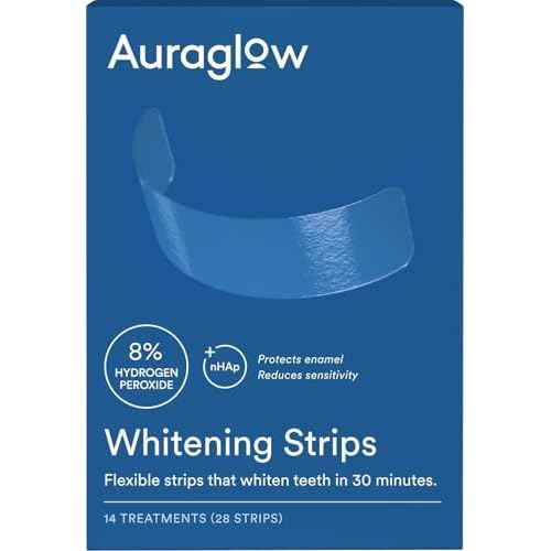 Auraglow Teeth Whitening Strips, Sensitive Whitening Strips, 14 Whitening Treatments, 8% Hydrogen Peroxide with Nano Hydroxyapatite (nHAp) to Reduce Sensitivity and Protect Enamel, 28 Strips, Mint