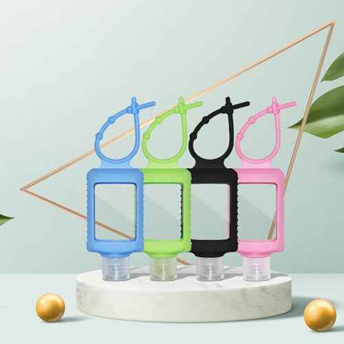 4 Pack Travel Size Bottles with Silicone Keychain Empty Hand Sanitizer Holder Refillable Squeeze Containers Leakproof Flip Cap Plastic Bottles Travel Essentials for Backpack (60ml / 2oz)