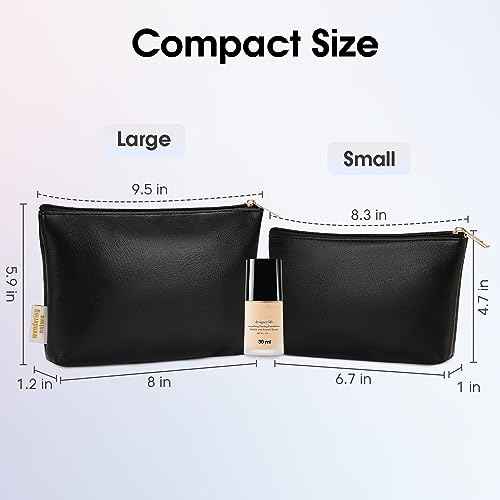 Wandering Nature Makeup Bag Small Cosmetic Bag for Purse 2 Pack Small Make Up Pouch Vegan Leather Cute Travel Pouch with Zipper for Women, Black