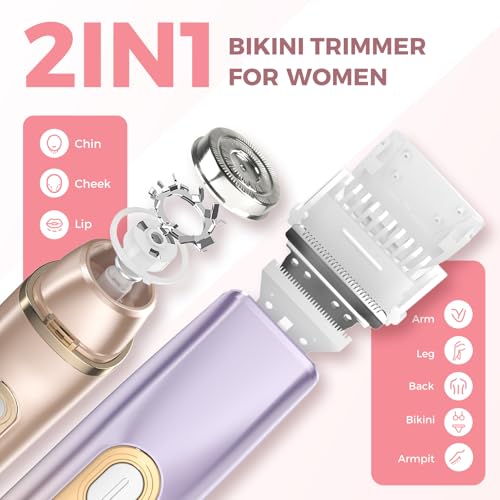 2 in 1 Bikini Trimmer for Women, Dual Head Electric Razor, IPX7 Waterproof Wet/Dry Use Women Electric Shaver, Painless Body Facial Hair Remover for Bikini Legs Arm Underarm, (Purple)