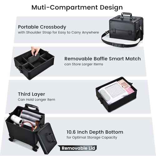FRENESSA Rolling Makeup Case Makeup Train Case with Lid 5 in 1 Cosmetology Case on Wheels Large Makeup Organizers Salon Cart Barber Trolley Nail Teach Makeup Artist Trunk Cart Black
